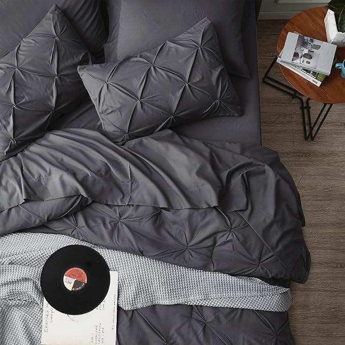 Bedsure Queen Comforter Set Dark Grey - Bed in a Bag Queen Size Bedding 7 Pieces, GentleSoft™ Pintuck Bed Set Gift for Family, Pinch Pleat All Season Comforter with Sheets, Pillowcases & Shams