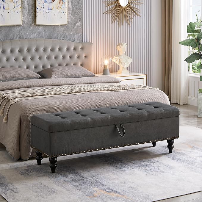 mikibama Linen Storage Bench for Bedroom End of Bed,59" Long Tufted Bed Bench with Storage,Modern Mid Century Storage Ottoman Bench for Window,Entryway,Living Room Solid Wood Legs (Grey)