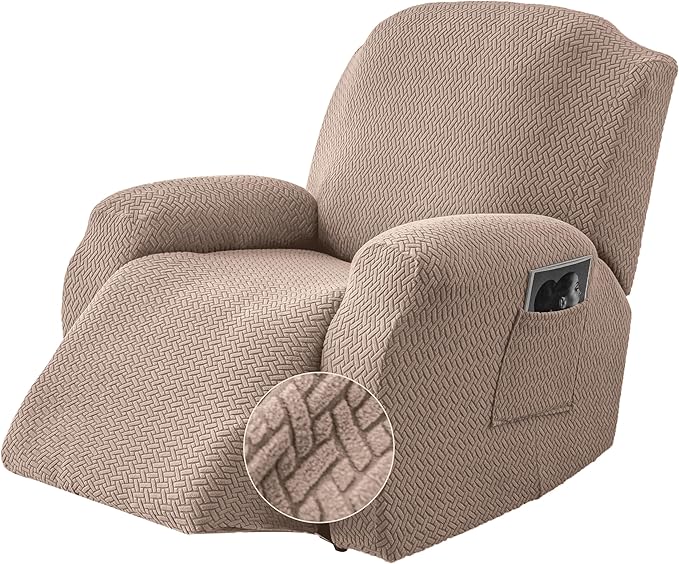 Genina Recliner Chair Covers, Stretch Reclining Chair Cover, Recliner Sofa Slipcovers Stripe Jacquard Lazy Couch Covers Furniture Protector Covers for Pet Kid (Taupe, 1 Seater)