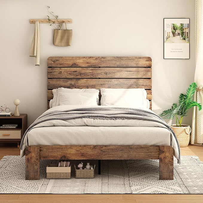 Queen Size Bed Frame with Wooden Headboard and Footboard, Rustic Platform Bedframe, Wood Slats Support, No Box Spring Needed, Under Bed Storage, Easy Assembly, Brown