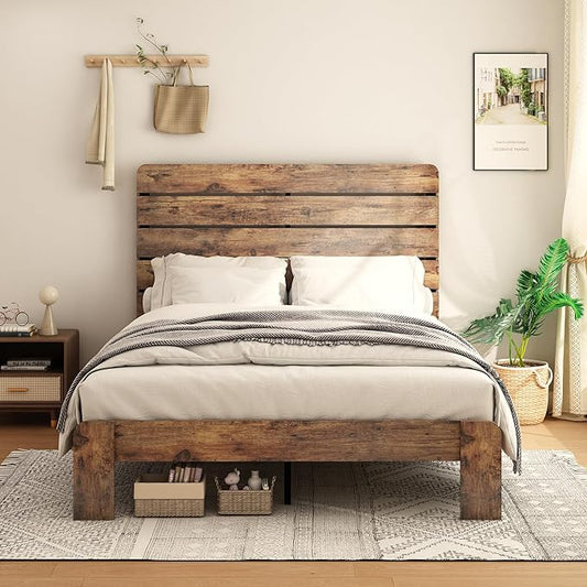 Queen Size Bed Frame with Wooden Headboard and Footboard, Rustic Platform Bedframe, Wood Slats Support, No Box Spring Needed, Under Bed Storage, Easy Assembly, Brown