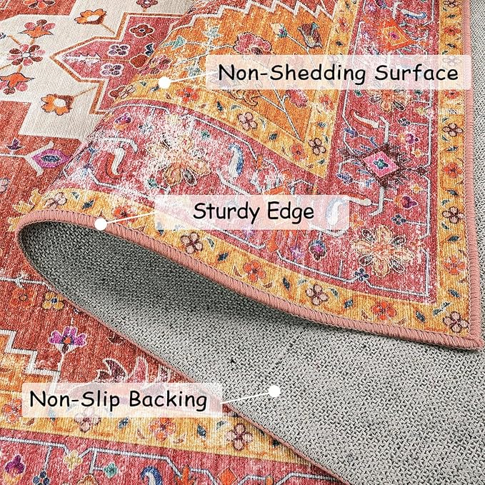 Moynesa Ultra-Thin Washable Pink Area Rug - 2x3 Small Pink Washable Bedroom Rug Entry Mat, Vintage Non-Slip Non-Shedding Low Pile Indoor Throw Carpet for Laundry Living Room Hardwood Floors Kitchen