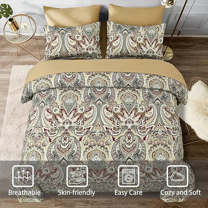 Boho Comforter Set Queen, 7 Pieces Bed in a Bag Comforter Boho Paisley Pattern Bedding Soft Microfiber Queen Size (1 Khaki Comforter, 1 Flat Sheet, 1 Fitted Sheet, 2 Pillow shams, 2 Pillowcases)
