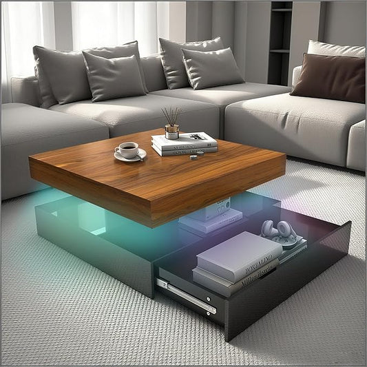 LED Coffee Table for Living Room, 2-Tier Modern Square Center Table with Music Sync Lights, High Gloss Surface, 30 3/4" x 30 3/4" (Rustic Brown+Black)