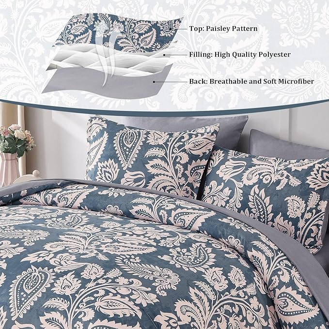 Drucon Paisley Comforter Set Queen, 7 Pieces Bed in a Bag Boho Comforter Bedding Soft Microfiber Queen Size Navy Blue Comforter with Sheet & Pillowcases