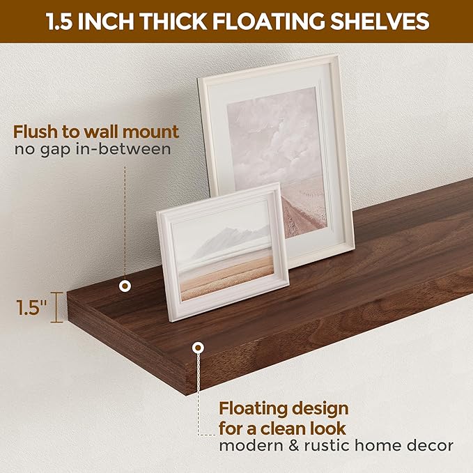 Fun Memories Farmhouse Floating Shelves for Wall, 48 x 9.3 Large Floating Shelf Wall Mounted, Rustic Wood Shelves for Bathroom, Kitchen, Living, Heavy-Duty Storage Deep Shelf for Books, Decor, Walnut