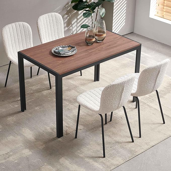 Modern Dining Table Set for 4, 47" Solid MDF Table Faux Wood Industrial Style Kitchen Table Set with 4 Beige Boucle Dining Chairs for Breakfast Nook, Dinette