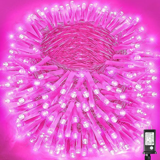 500 LED Pink String Lights 165ft Pink Christmas Lights Outdoor Waterproof 8 Modes Clear Wire, Plug in Twinkle Fairy Lights for Bedroom Indoor Wedding Christmas Decorations