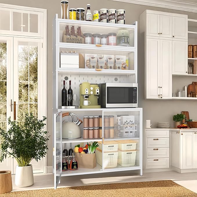 73'' Tall Kitchen Pantry Cabinet, 6 Level Flip Door with Pegboard Metal Pantry Storage Cabinet, Anti-Tip Design Hutch for Kitchen, Dining Room, Living Room (White)