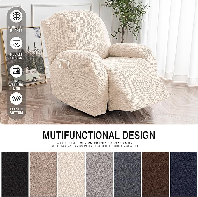 Genina Recliner Chair Cover, Stretch Reclining Chair Covers, Recliner Sofa Slipcovers Stripe Jacquard Lazy Couch Covers Furniture Protector Covers for Pet Kid (Beige, 1 Seat)