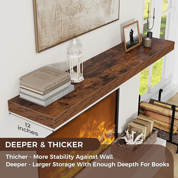 Floating Shelves for Wall, 55 Inch Wide x 12 Inch Deep Floating Shelves, Long Wood Floating Wall Shelf Shelves for Living Room Bathroom Bedroom Kitchen Home - (Brown, 55" W x 12" D x 2" H)