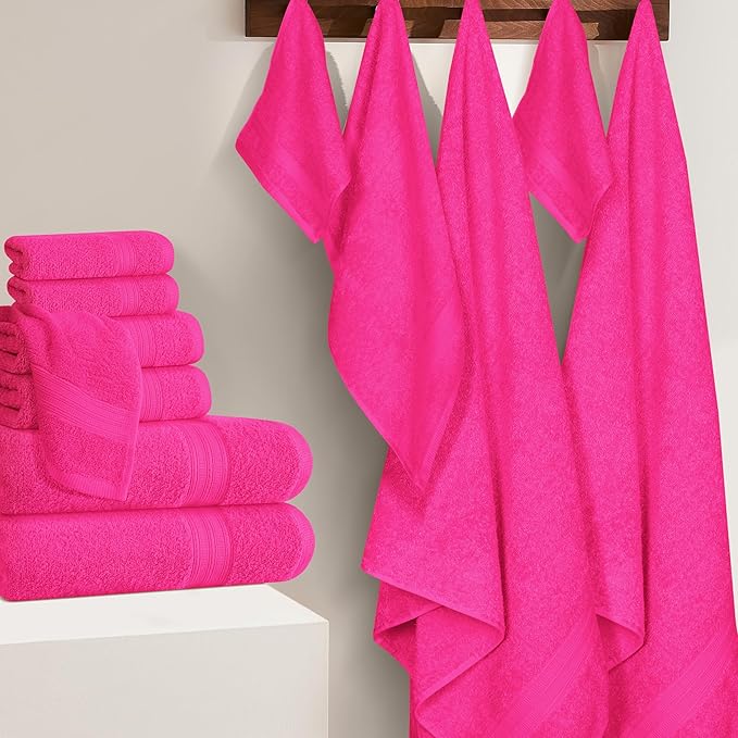 BOUTIQUO 24 Pack Cotton Towel Set, Contains 6 Bath Towels 27x54 inch, 6 Hand Towels 16x24 inch & 12 Wash Coths 12x12 inch, Ideal Everyday use, Ultra Soft Compact & Lightweight - Hot Pink