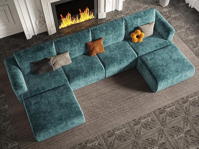 EASE MOOSE Boneless Modular Cloud Couch, Oversized U-Shaped Sectional Sofa for Living Room with Ottoman, Extra Large Movable Couches, 6-Deep-Seat Sofas for Bedroom, Apartment, Chenille (Blue)