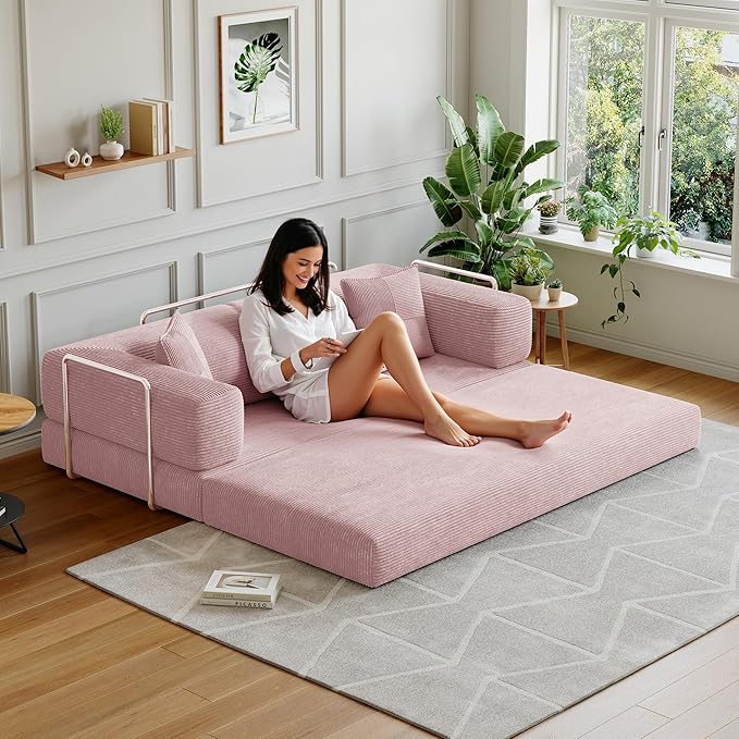 78.8''Convertible Sleeper Sofa Bed,Compressed Floor Boneless Couch,Modular Modern Corduroy Sofa for Living Room Bedroom -with Fixed-Shape Frame and Support Armrest,Easy Assembly(Pink)