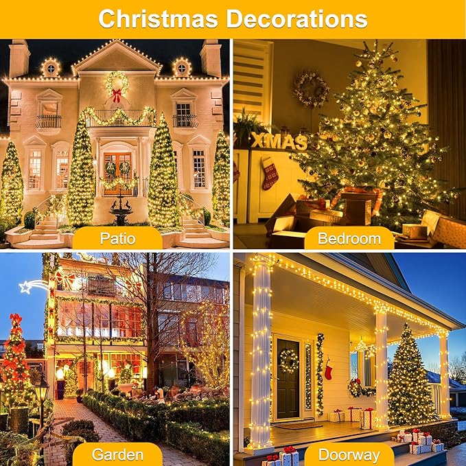 2-Pack Total 136FT 400LED Connectable String Lights Indoor Outdoor Clear Wire, Warm White Christmas Tree Lights Waterproof with 8 Modes & Timer, Twinkle Lights for Xmas Tree Decorations