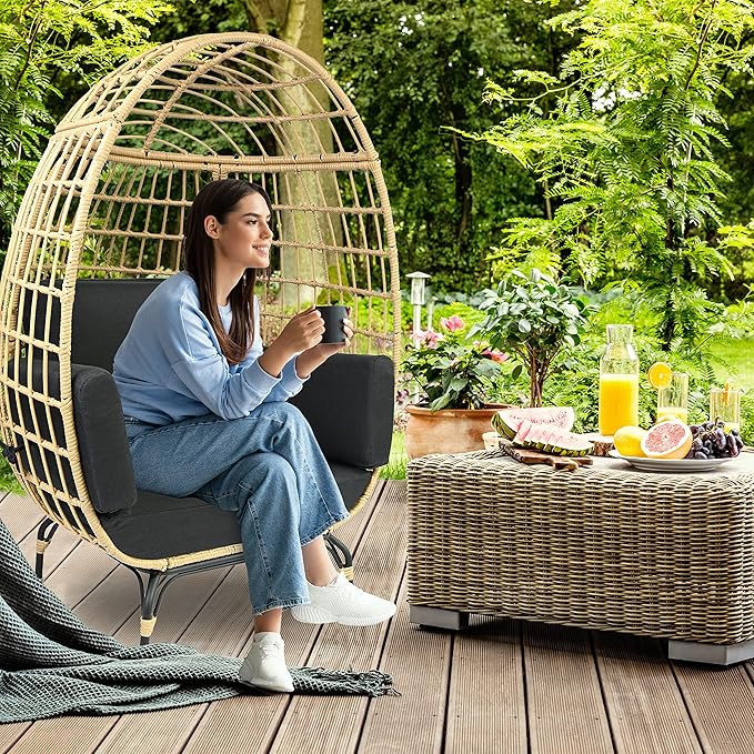 SereneLife Black Wicker Rattan Egg Chair for Indoor and Outdoor Use - Comfy Sofa Chair with 4 Washable Cushions, Durable Powder-Coated Steel Frame, Stylish Ribbed Back, Supports up to 440lbs