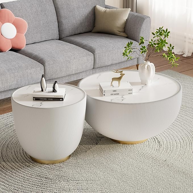 White Round Coffee Table with Sintered Stone Tabletop, 19.69 Drum Coffee Table with Fluted PU Leather Covered and Metal Base, Circle Cocktail Tea Table for Living Room