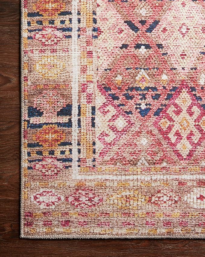 Loloi Layla Collection LAY-15 Magenta/Multi 5'-0" x 7'-6" .13" Thick Area Rug, Soft, Durable, Vintage Inspired, Distressed, Low Pile, Non-Shedding, Easy Clean, Printed, Living Room Rug