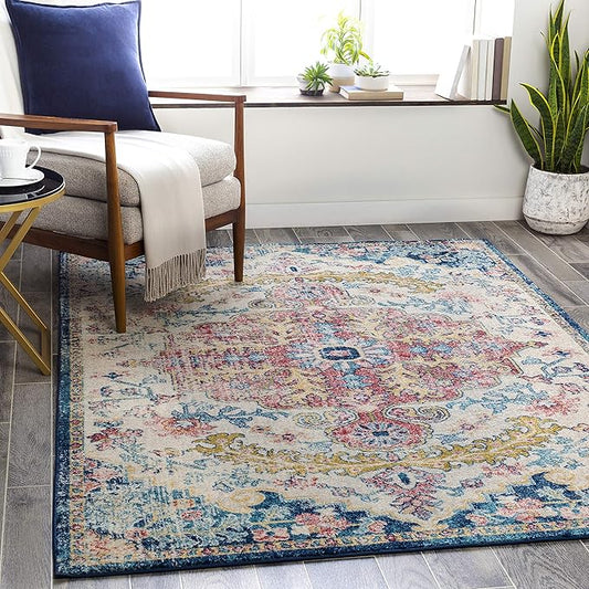 Livabliss Area Rugs - 8x8 Odelia Vintage Boho Aqua Burgandy Blue Square Area Rug for Living Room Bedroom - Floral Medallion Stain Resistant Carpet for Kitchen, Nursery, Office (7'10" Square)