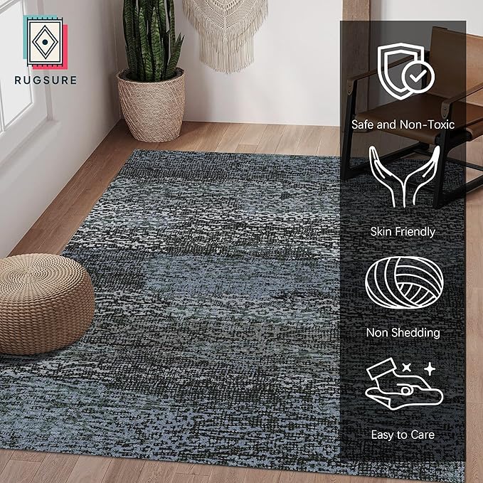 RUGSURE Washable Area Rug - 1/6 Thick - Stain & Water Resistant Non-Slip - Resistant Rug for Living Room, Bedroom, Nursery, Pet & Child Friendly, Vintage Charm Area Rugs (Darkgrey+Bule, 9' x 12')