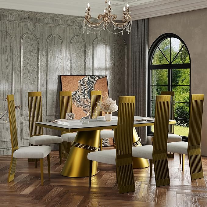 White and Gold Dining Chairs Set of 2, Upholstered High Back Dining Chairs with Brushed Stainless Steel Backrest and Legs, Modern Luxury Dining Room Chairs for Kitchen Living Room Restaurant