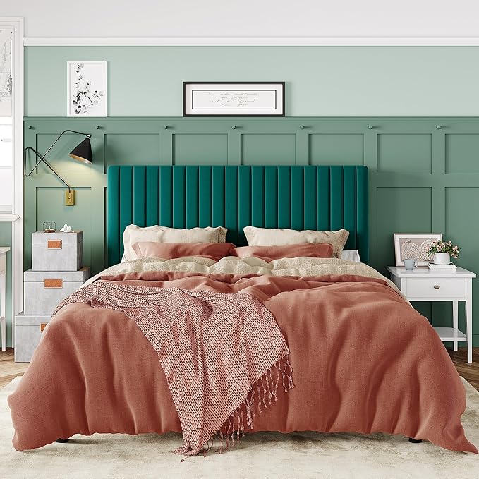 Allewie Queen Bed Frame, Velvet Upholstered Platform Bed with Adjustable Vertical Channel Tufted Headboard, Mattress Foundation with Strong Wooden Slats, Box Spring Optional, Easy Assembly, Teal