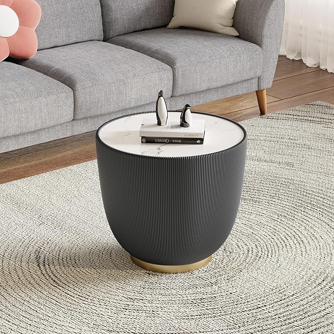 Grey Round Coffee Table with Sintered Stone Tabletop, 19.69 Drum Coffee Table with Fluted PU Leather Covered and Metal Base, Circle Cocktail Tea Table for Living Room