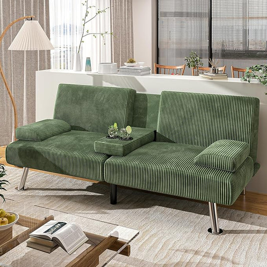 Shahoo Modern Upholstered Convertible Folding Futon Sofa Bed with Removable Armrests, Metal Legs, 2 Cup Holders for Living Room, Green