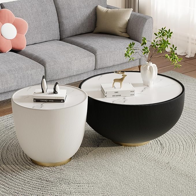 White Round Coffee Table with Sintered Stone Tabletop, 19.69 Drum Coffee Table with Fluted PU Leather Covered and Metal Base, Circle Cocktail Tea Table for Living Room