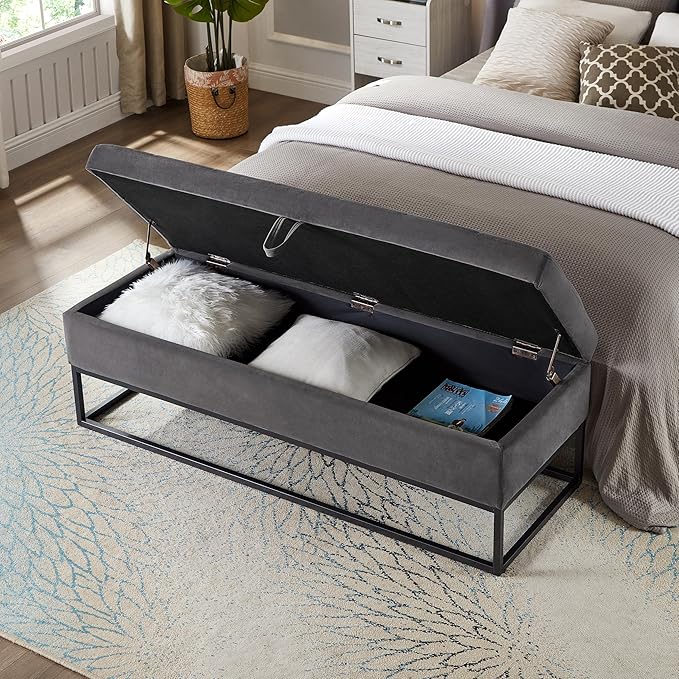 mikibama Velvet Storage Bench,58.6" Long Ottoman with Storage for Living Room,Tufted Storage Benches for Bedroom End of Bed,Entryway,Rectangle Window Seating Bench with Storage. (Velvet Grey)