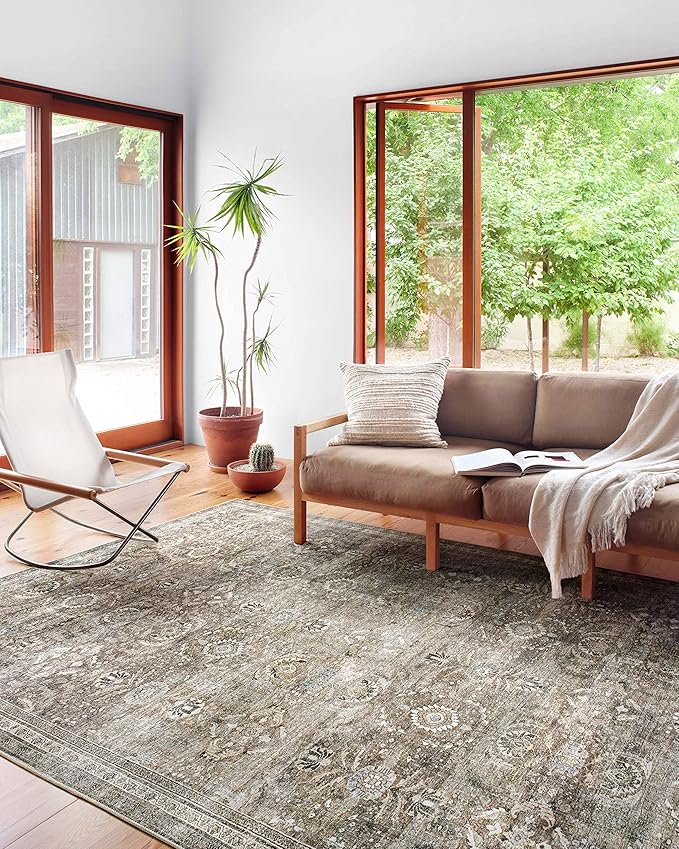 Loloi Layla Collection LAY-13 Antique/Moss 9'-6" x 14' .13" Thick Area Rug, Soft, Durable, Vintage Inspired, Distressed, Low Pile, Non-Shedding, Easy Clean, Printed, Living Room Rug