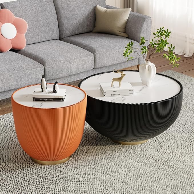 Orange Round Coffee Table with Sintered Stone Tabletop, 19.69 Drum Coffee Table with Fluted PU Leather Covered and Metal Base, Circle Cocktail Tea Table for Living Room