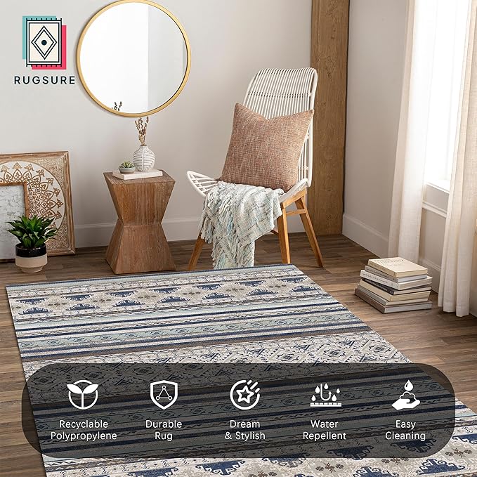 RUGSURE Washable Area Rugs 8' x 10' - 1/6 Thick - Moroccan-Inspired -Stain & Water Resistant Non-Slip - Resistant Rug for Living Room, Bedroom, Nursery, Pet & Child Friendly (Blue and Brown)