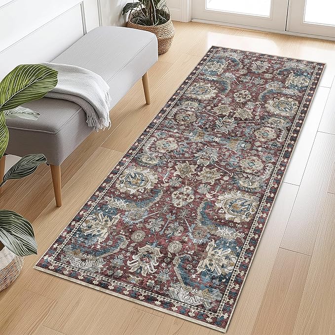 RUGSURE Washable Area Rugs - Perfect for Living Room, Bedroom, Kids Room, Nursery - Stain & Water Resistant Non-Slip, Pet & Child Friendly, Vintage Tribal Area Rugs (Rust and Bule, 2'6'' x 8')