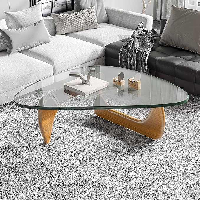 Triangle Glass Coffee Table with Solid Wood Base, 0.8'' Thick Clear Glass Top, 51'' Width Mid Century Modern Coffee Table for Living Room Bedroom Reception (Light Walnut)