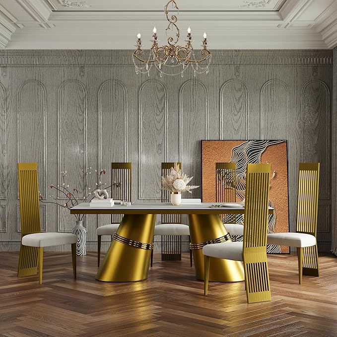Gold Dining Chairs Set of 4, White Boucle Dining Chairs with Brushed Gold Stainless Steel Backrest and Legs, Modern Elegant Upholstered Dining Room Chairs for Dining Room Kitchen Restaurant