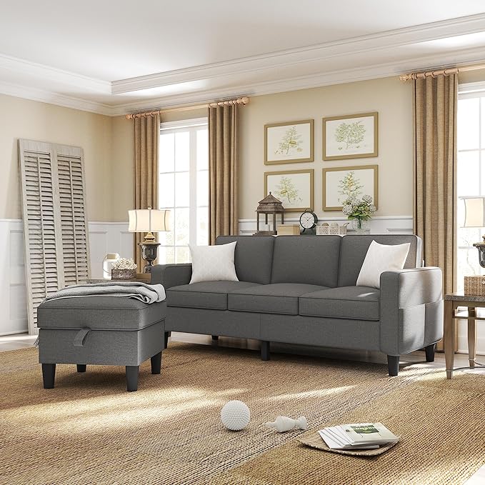 ZeeFu Couch for Living Room - 78'' Beige Linen 3 Seat L-Shaped Sectional Sofa Couches with Storage Ottoman - Modern Small Space Upholstered Furniture Sofa Set for Office Small Space Apartment Bedroom