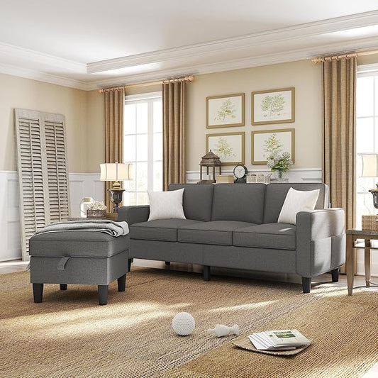 ZeeFu Couch for Living Room - 78'' Beige Linen 3 Seat L-Shaped Sectional Sofa Couches with Storage Ottoman - Modern Small Space Upholstered Furniture Sofa Set for Office Small Space Apartment Bedroom