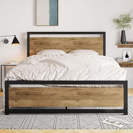 Allewie Queen Bed Frame with Headboard, Heavy Duty Metal Platform Base with Strong Support, Underneath Storage Space, Stable Mattress Foundation, No Box Spring Needed, Brown