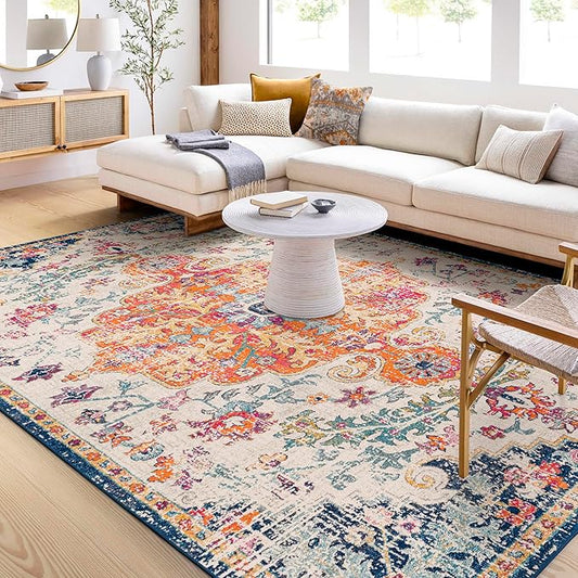 Livabliss Area Rugs - 12x18 Odelia Vintage Boho Aqua Off-White Blue Area Rug for Living Room Bedroom - Floral Medallion Stain Resistant Carpet for Kitchen, Nursery, Office (12' x 18')