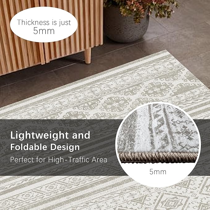 RUGSURE Washable Area Rugs 5' x 7' - 1/6 Thick - Moroccan-Inspired -Stain & Water Resistant Non-Slip - Resistant Rug for Living Room, Bedroom, Nursery, Pet & Child Friendly (Grey)