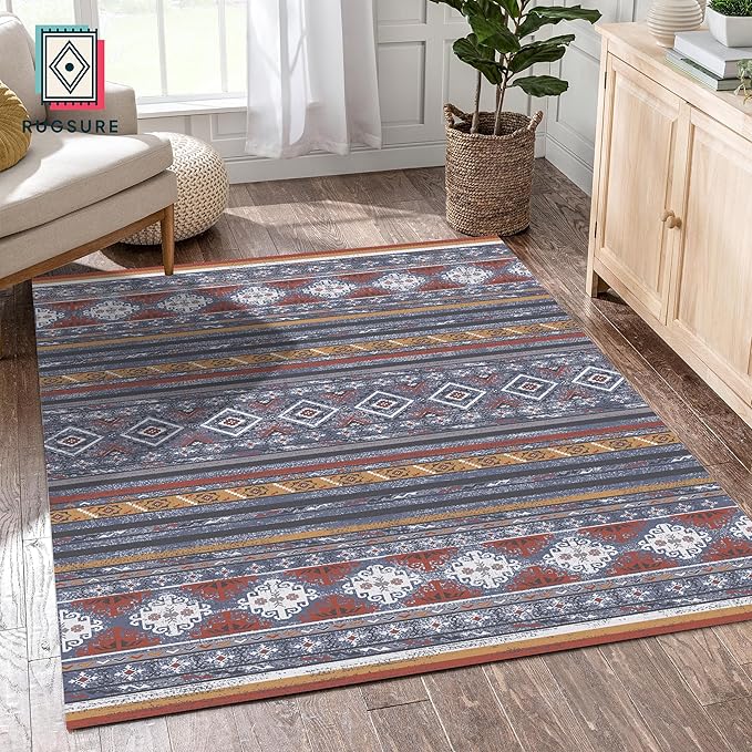 RUGSURE Washable Area Rugs 3' x 5 ' - 1/6 Thick - Moroccan-Inspired -Stain & Water Resistant Non-Slip - Resistant Rug for Living Room, Bedroom, Nursery, Pet & Child Friendly (Blue and Red)