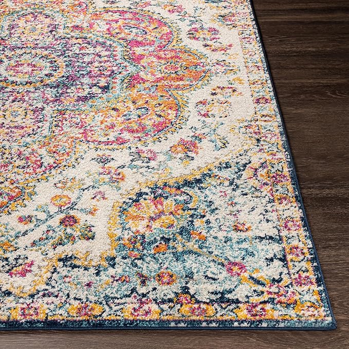 Livabliss Area Rugs - 8ft Round Romaine Vintage Boho Fuchsia Mustard Blue Round Area Rug for Living Room Bedroom - Floral Medallion Stain Resistant Carpet for Kitchen, Nursery, Office (7'10" Round)