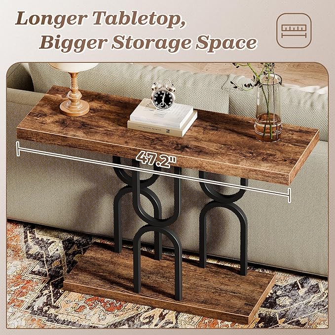 Huuger 47.2 Inch Entryway Table, Industrial Console Sofa Table, Narrow Accent Table, for Entry, Hallway, Entrance, Foyer, U-Shaped Metal Base, Rustic Brown
