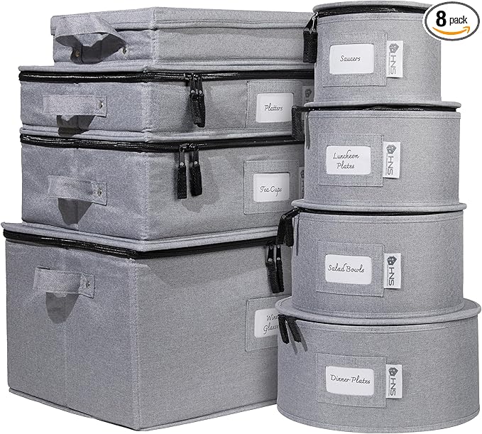 Hard Shell China Storage Containers 8-Piece Set Moving Boxes for Dinnerware, Glasses, Plates, Mugs and Saucers Sturdy Dish Organizer with Dividers for Seasonal Storage - Service for 12 - Gray