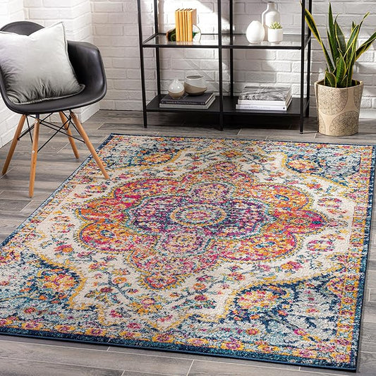 Livabliss Area Rugs - 7x9 Romaine Vintage Boho Fuchsia Mustard Blue Area Rug for Living Room Bedroom - Floral Medallion Stain Resistant Carpet for Kitchen, Nursery, Office (6'7" x 9')