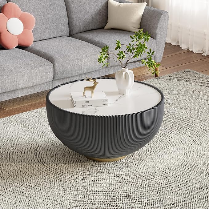 Grey Round Coffee Table with Sintered Stone Tabletop, 27.56" Drum Coffee Table with Fluted PU Leather Covered and Metal Base, Circle Cocktail Tea Table for Living Room