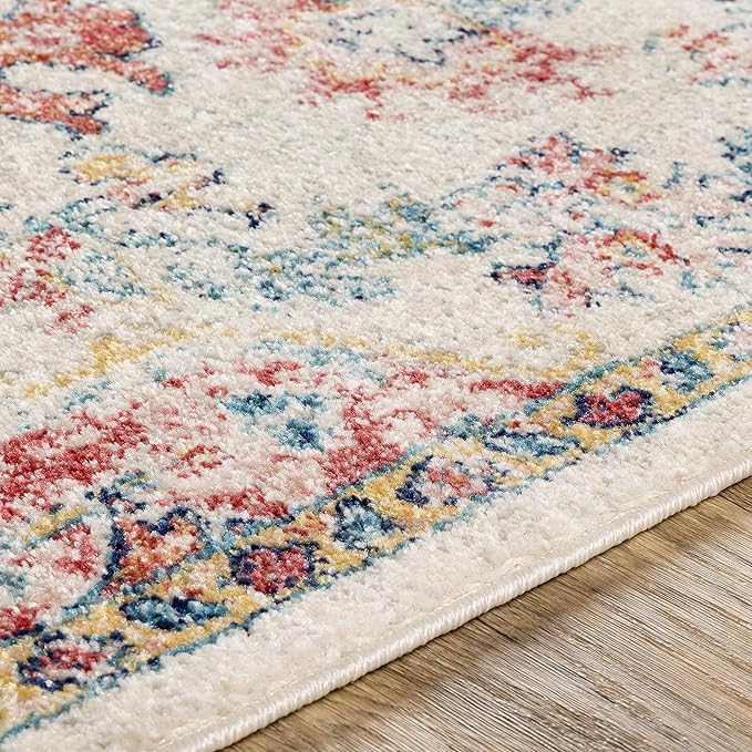 Livabliss Area Rugs - 7x9 Odelia Vintage Boho Red Off-White Blue Area Rug for Living Room Bedroom - Floral Medallion Stain Resistant Carpet for Kitchen, Nursery, Office (6'7" x 9')