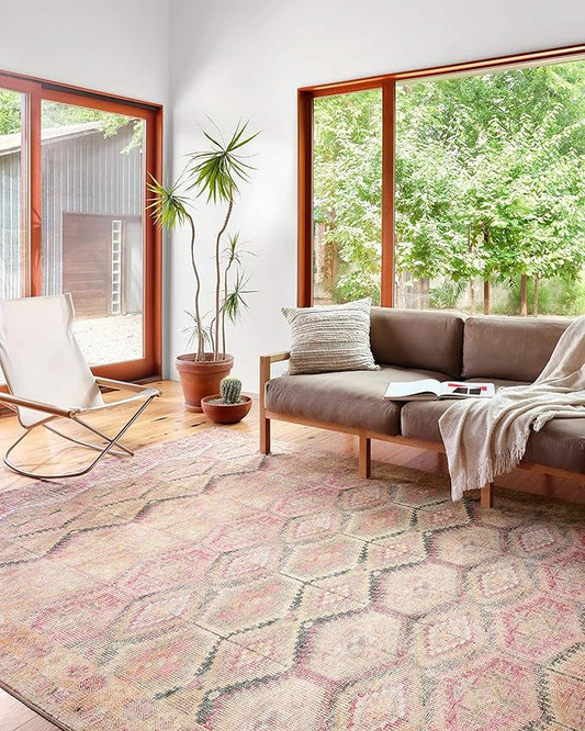 Loloi Layla Collection LAY-17 Pink/Lagoon 9'-0" x 12'-0" .13" Thick Area Rug, Soft, Durable, Vintage Inspired, Distressed, Low Pile, Non-Shedding, Easy Clean, Printed, Living Room Rug