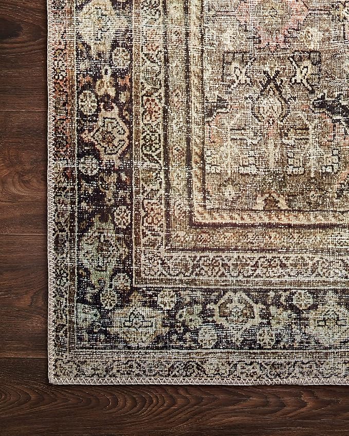 Loloi Layla Collection LAY-03 Olive/Charcoal 2'-0" x 5'-0" .13" Thick Accent Rug, Soft, Durable, Vintage Inspired, Distressed, Low Pile, Non-Shedding, Easy Clean, Printed, Living Room Rug